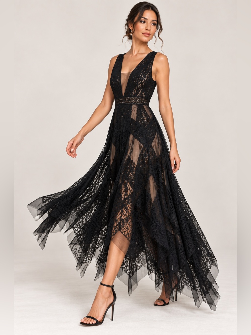 NWT BCBGMAXAZRIA Andi Black Nude Lace Asymmetrical Gown Size 2 - Picture 5 of 16